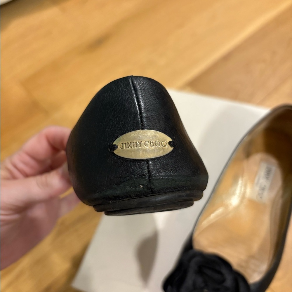 Jimmy Choo Black Leather Rosette Ballet Flats | Size 37.5 | Box | Authentic - Picture 9 of 12